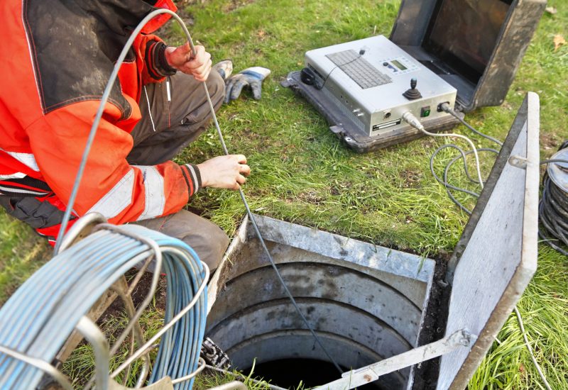 Sewage cleaner doing diagnosis of the pipeline with camera